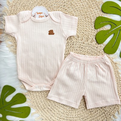 Conj. Body Manga Curta e Short Canelado - Salmão